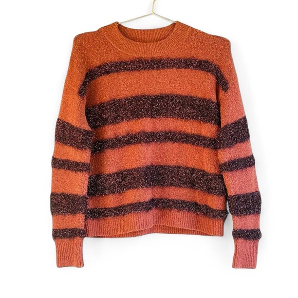 Madewell Sweaters - Madewell Fuzzy Striped Knit Sweater – Rust Brown Metallic Cozy Fall Pullover